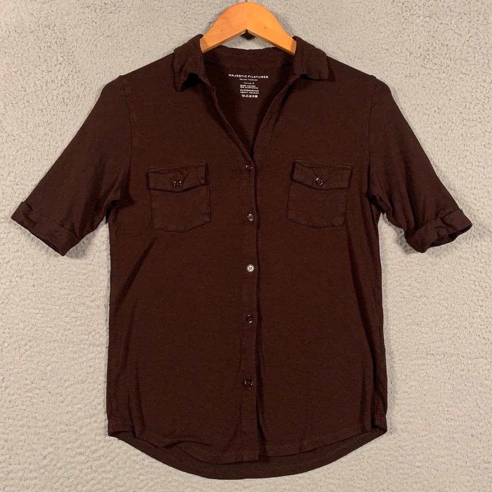 Majestic Filatures Shirt Women's 2 Small S Brown Short Sleeve Pocket Soft Touch